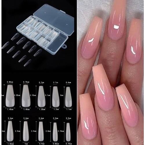 100pcs Acrylic False Long Ballerina Coffin Nails Full Cover Fake Nail Tips Clear Natural White Press On Nails UV Gel Polish