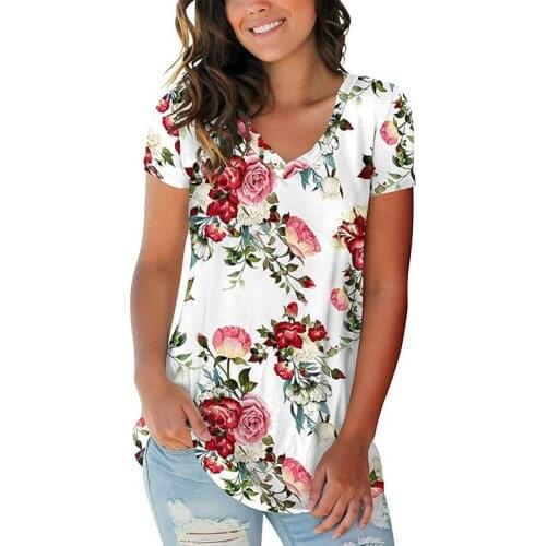 50%HOT Women T-shirt Floral Print Loose Summer Short Sleeve V Neck Top for Party