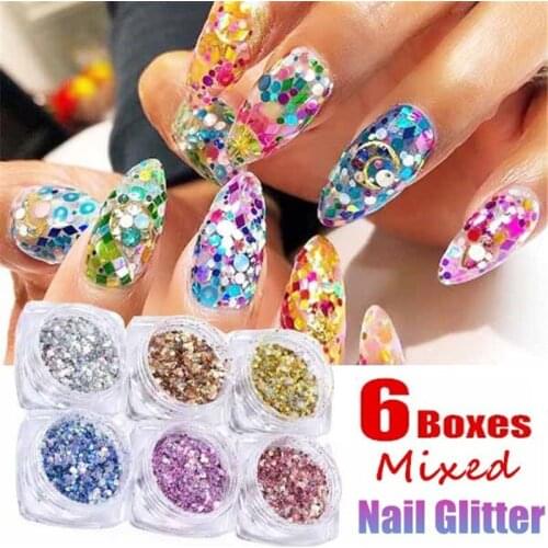 6Box/set Nail Sequins UV Gel Mixed Colorful Laser Nails Art Powder Glitter Sequins Silver Bling Polishing Nail Art Decoration