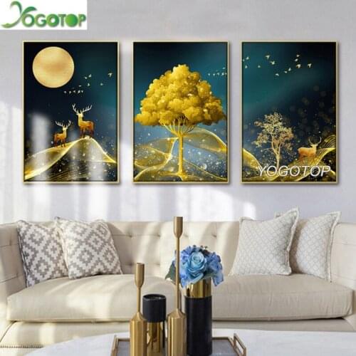 Nordic Golden Fortune Tree Diy diamond Painting Elk Bird Full diamond embroidery mosaic Abstract Mural Bedroom Hotel 3 Pcs ML908