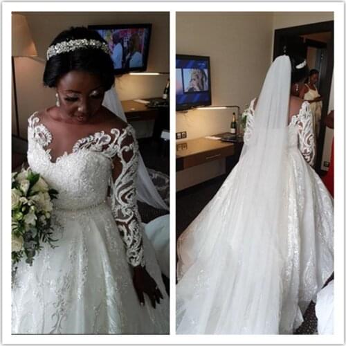 Arabic Aso Ebi Lace Beaded Vintage Custom Made Wedding Dresses Sheer Neck Long Sleeves Bridal Sexy W Gowns Robes