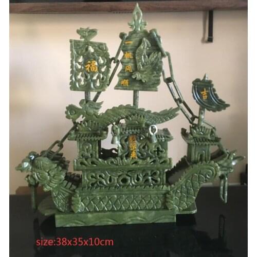 Large Chinese Hand Carved 100% Natural Jade Dragon Incense statue Dragon Boat NT