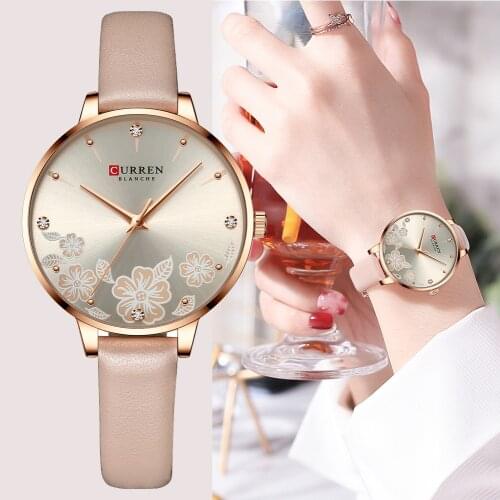 CURREN Luxury Brand Womens Watches with Rhinestone and flower Dial Quartz Leather Strap Charm Wristwatches for Ladies