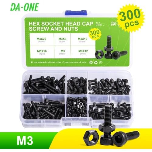 DA-ONE 300pcs M3 12.9 Grade Carbon Steel Black Allen Bolt Hex Socket Round Cap Head Screw And Hex Nut Set Kit Din912