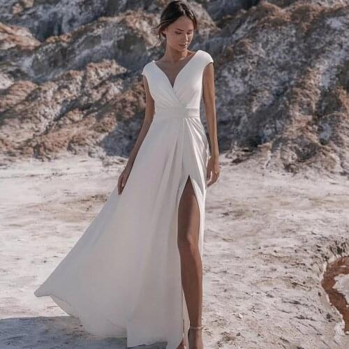 Beach Summer Outdoor Bridal Gown A Line Cap Sleeves Side Slit Pleated Satin V Neck Backless Long Wedding Dresses with Sash 2021