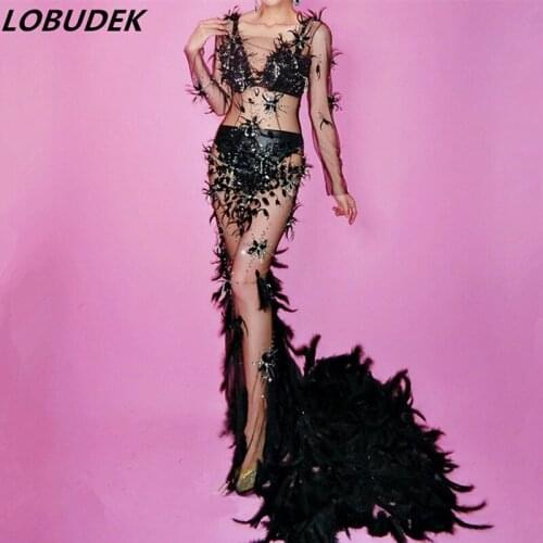 Flash Rhinestones Black Feather Perspective Fishtail Long Dress Star Party Celebration Dress Model Catwalk Performance One Piece
