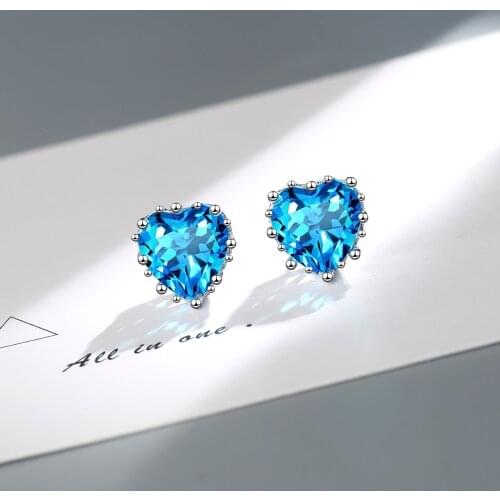 925 Sterling Silver Piercing Blue Crystal Heart Earring For Women Girls Gift Wedding Jewelry Brincos Bijoux pendientes EH831
