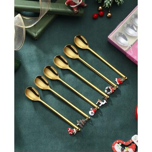 6pcs set, stainless steel Christmas spoon for kids, baby spoon, small cute spoon santa, Christmas gadget gift, mini scoop ice