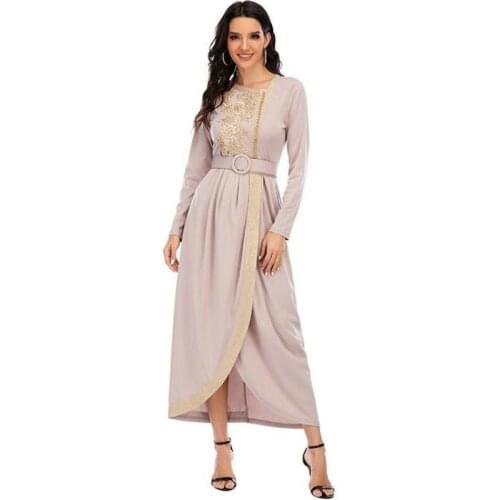 New Muslim Dress With Embroidery And Beaded Long Slim Dress With Belt Moroccan Oriental Djellaba 2021womens Clothing Dress