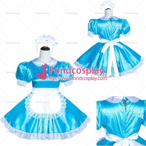 Fondcosplay adult sexy cross dressing sissy maid short French Lockable Blue satin Dress Peter Pan collar Tailor-made[G4044]
