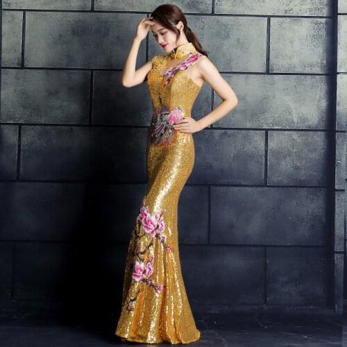 Sexy Floral Embroidery Cheongsam Long Chinese Oriental Evening Dress Sequined Mermaid Dresses Qipao Wedding Summer Women