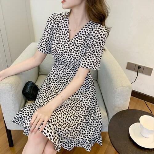 New Print Dress Women Elegant V-neck Puff Sleeve Chiffon Midi Dress Ladies Summer Korean Style Fashion Rufffle Dresses