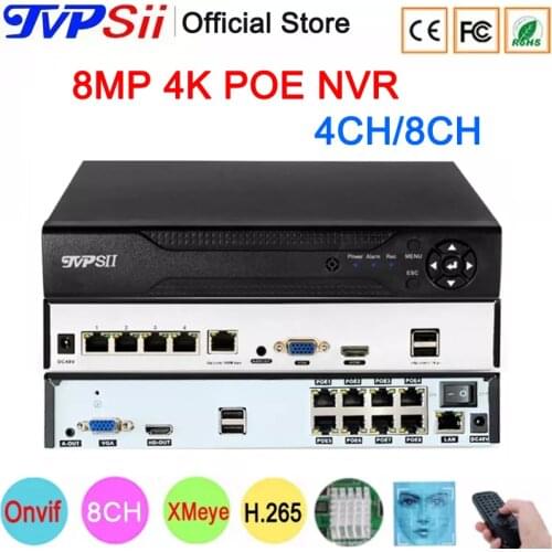 Silver Panel Max 8TB SATA Hi3536D Xmeye Audio H.265+ 5MP 8CH 8 Channel 4CH Face Detection 48V POE Onvif WIFI CCTV DVR NVR
