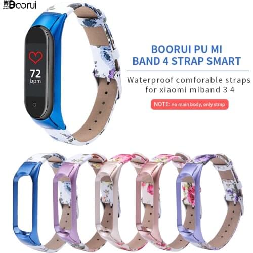 BOORUI PU Leather Mi Band 3 4 5 6 strap Metal Colorful Flower miband 4 strap with Stainless case Replacement straps for miband 6