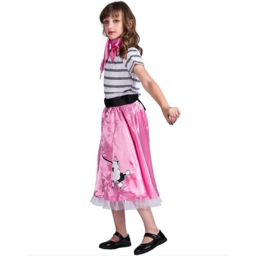80s Retro Striped Shirt Satin Dress Girls Lovely Dog Printed Poodle Skirt Halloween Costume Kids Carnival Party Outfit Scarf