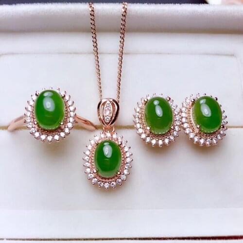 Natural green jasper Ring Pendant Earrings Natural Gemstone Jewelry Set S925 Silver fashion grace round Women party gift jewelry