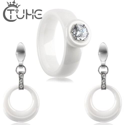 Big Carat Rhinestone Ceramic Rings Stud Earrings Jewelry Set For Women 6mm Smooth Elegant White Ceramic Finger Rings Ear Jewelry