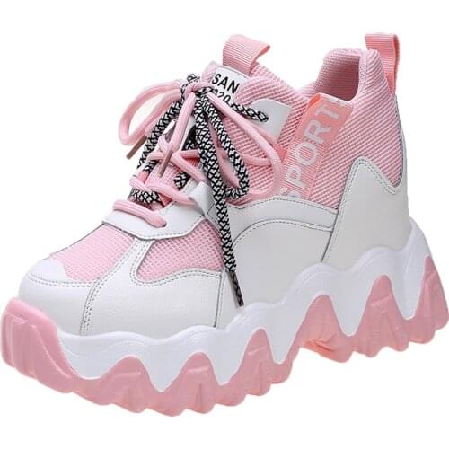 Women Spring Autumn Fashion Sneakers High Platform Shoes Femme Breathable Mesh Casual Shoes 8CM Wedges Heels Chunky Sneakers
