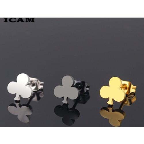 ICAM New Three Leaves Clover flower Earrings Stainless Steel Poker Club Stud Earrings for Women Jewelry Gift