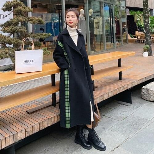New Female Jacket Autumn Winter Stitching Plaid Mid-Length Knee-High Loose Casual Thickened Warm Wool Woolen Coat Abrigo Mujer