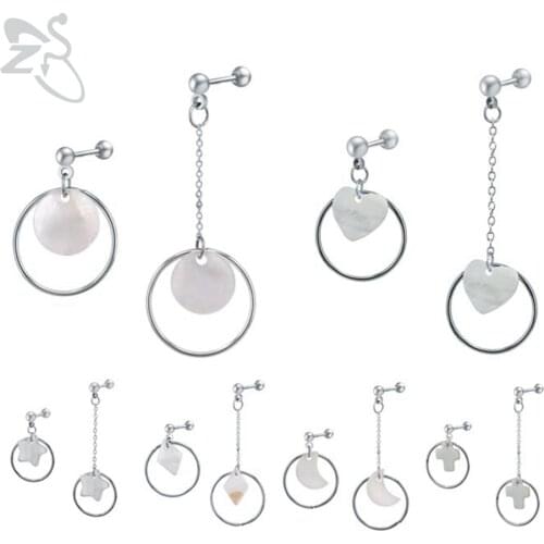 ZS 1 Pair Asymmetric Stainless Steel Drop Earring For Women Girl Heart Moon Star Shape Shell Long Dangle Stud Earrings Clearance