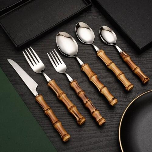 1Pc Stainless Steel Dinnerware Sets Creative Knife Fork Spoon with Bamboo Handle Upscale Cutlery Knife Fork Kitchen Tableware