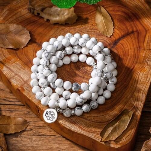 108 Mala Beads Bracelet For Women Howlite Natural Stone With Lotus OM Buddha Charm Yoga Jewelry