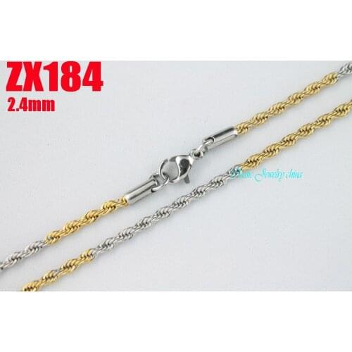200pcs 14"-38" length golden color 2.4mm twist chain stainless steel necklace women male fashion chains ZX184