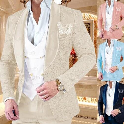 2021 New Luxury Men Wedding Suit 3 Pieces Custom Groomsman Groom Suit Dress Tuxedo Slim fit Beige Jacquard Blazer Vest Pant Set