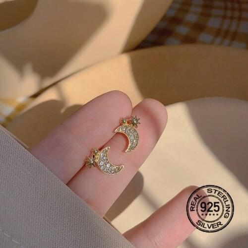 925 Sterling Silver Earrings For Women Set Needle Star Moon Zircon Simple Retro Fashion Design Girl Wedding Jewelry Gift INEFFA