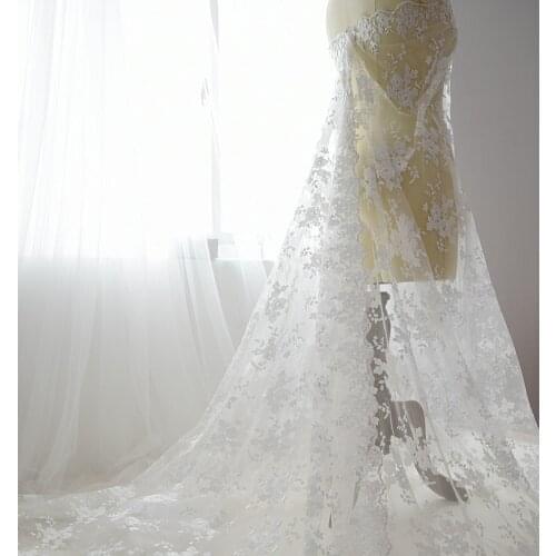 Free Shipping Lace Fabric Ivory Guaze Beautiful Embroidered Wedding Fabric width 125 cm