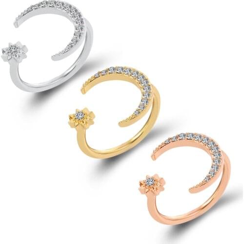 Moon Star Open Adjustable Shine Rhinestone Ring Charm Women Sweet Chic Finger Jewelry Romance Wedding Engagement Party Accessory