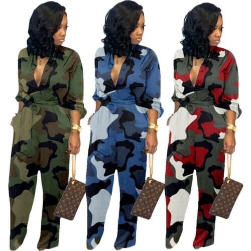 Fashion Women Sexy Long Sleeve Jumpsuit Autumn Spring Camo Print Jumpsuit Romper Clubwear V-neck Holiday Retro Party Night Pants