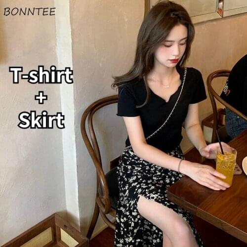 Sets Women Casual Slim Ruffles Printing Fashion Students Tender Ladies Elegant Girls Classy Female Ulzzang Chic Side-slit Newest