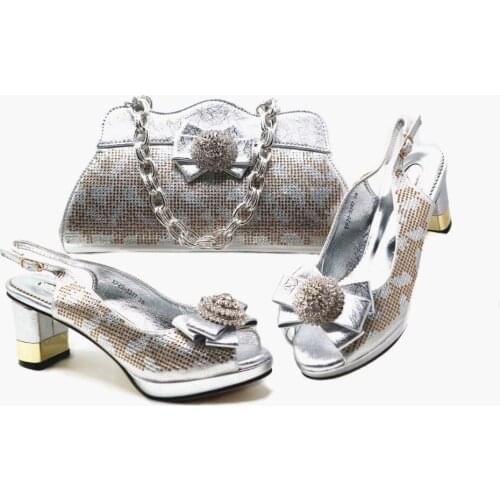 Hot sale silver women pumps and bag set with rhinestone bowtie design african shoes match handbag for dress X42,heel 7.5CM