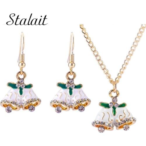 Cute Green White Christmas Bell Luxury Necklace Earrings Set Alloy Rhinestone Gold Color Necklace Earrings Jewelry For Child