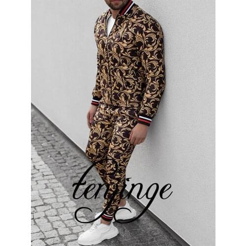 TENJINGE Men sets Leopard Suit 2 Pieces Sport Suits European American Trends 3D Print Zipper Slim Casual Fashion Tracksuits Men