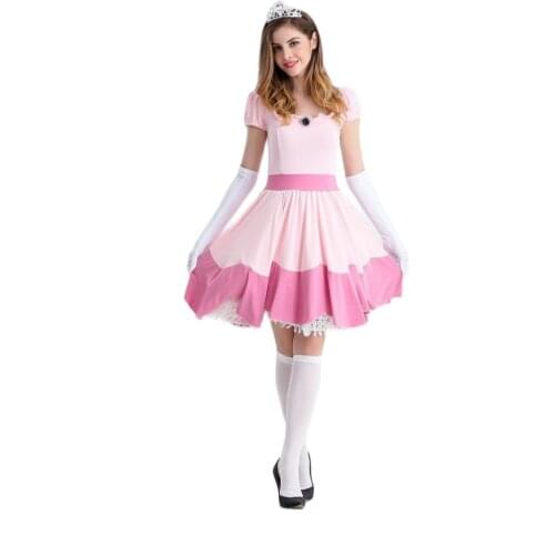 Newest Deluxe Adult Princess Peach Costume Women Super Mario Brothers Party Cosplay Halloween Costumes For Women Pink Dress