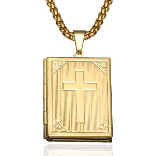 Can Open Stainless Steel Cross Bible Book Photo Frame Pendants Necklace For Women Men Christian Jewelry