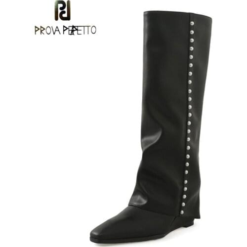 Design Sense Pearl Wedges Boots Cowhide Small Square Toe High-heeled Trousers Boots Korean Style Fashion But Knee-high Boots