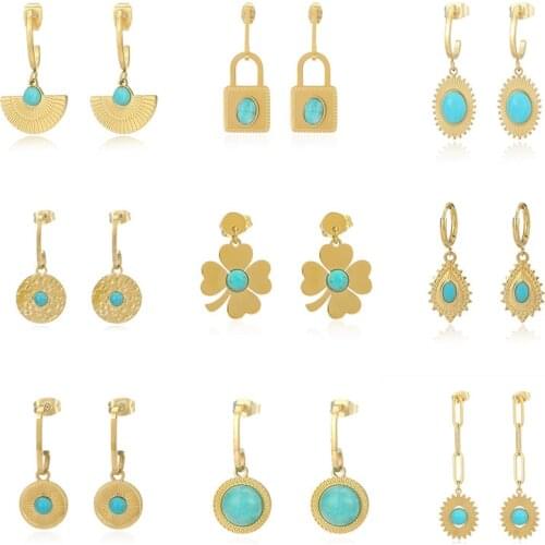 Stainless Steel Turquoise Drop Earrings For Women Bohemia Dangle Earrings Gold Silver Color Earcuff Fashion Jewelry Accessories