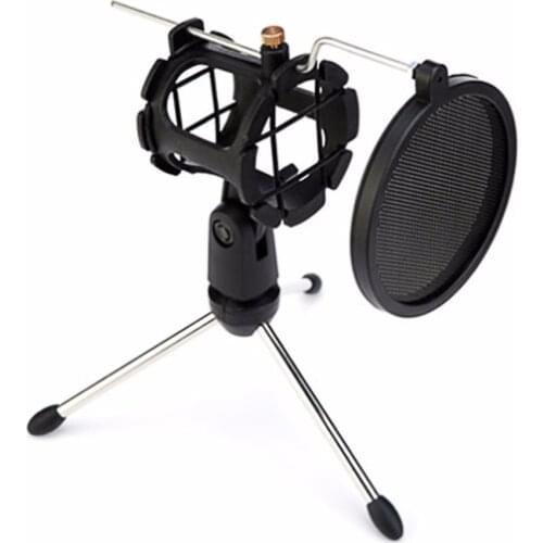 Studio Microphone Tripod Stand Foldable Desktop Microphone Bracket with Shock Mount Mic Holder Clip and Pop Filter