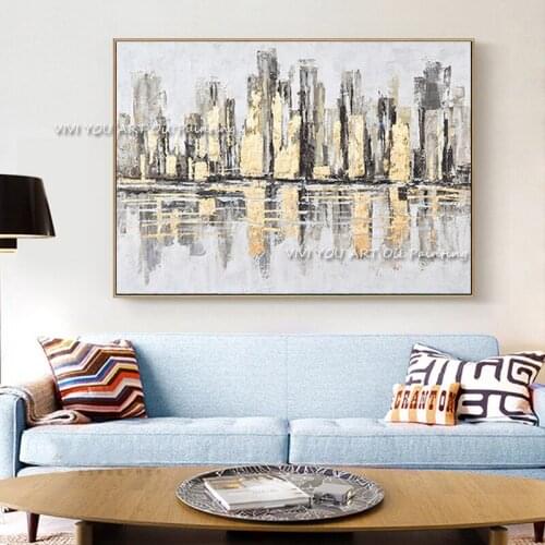 Modern City Building Golden Scenery Pictures for Home Abstract Oil Painting on Canvas Wall Art for Living Room Decoration