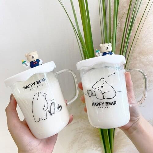 Cartoon Bear Heat Resistant Glass Water Cup With Scale With Lid Simple Cute Milk Cups with Silica Gel Cover Breakfast Bottle