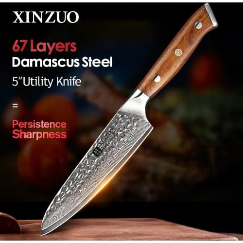 XINZUO 5" Utility Knife Japanese VG10 Damascus 67 Layers Kitchen knives Accessories Paring Knives Kitchen Tool with Ebony Handle