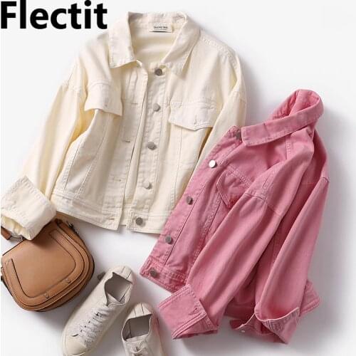 Flectit Vintage Pink '90s Trucker Denim Jacket Collared Long Sleeve Button-up Womens Jackets Jean Coats Casual Outerwear