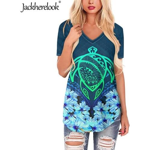 Jackherelook Womens Large Size Blouses Poly Tribla Hawaii Turtle Hibiscus Print Sexy V-neck Tops Shirts Casual Summer Clothing