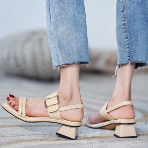 Black Chunky Heel Genuine Leather Shoes Sandals Women 2021 Summer Open Toe Buckle Modern Sandalias Plus 43 Female Footwear