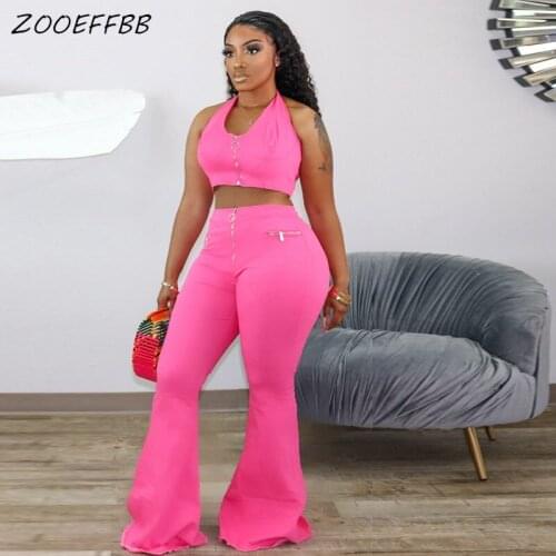 ZOOEFFBBB Solid 2 Piece Zip Set Sexy Lace Up Crop Tank Top Trendy Bell Bottom Pants Streetwear Casual Plus Size Women Clothing