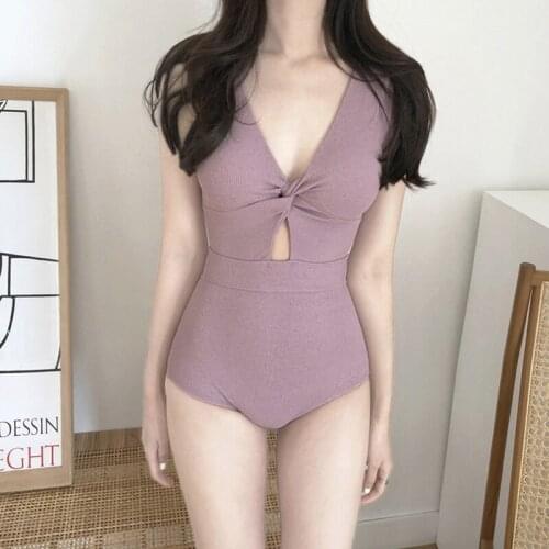 2021 One Piece Swimsuit Women Solid Swimwear Bikini Sexy Monokini Cut Out Swim Suit Korea Bathing Suit Push Up Pad Open Back